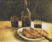 Still life with bottle, two glasses, cheese and bread